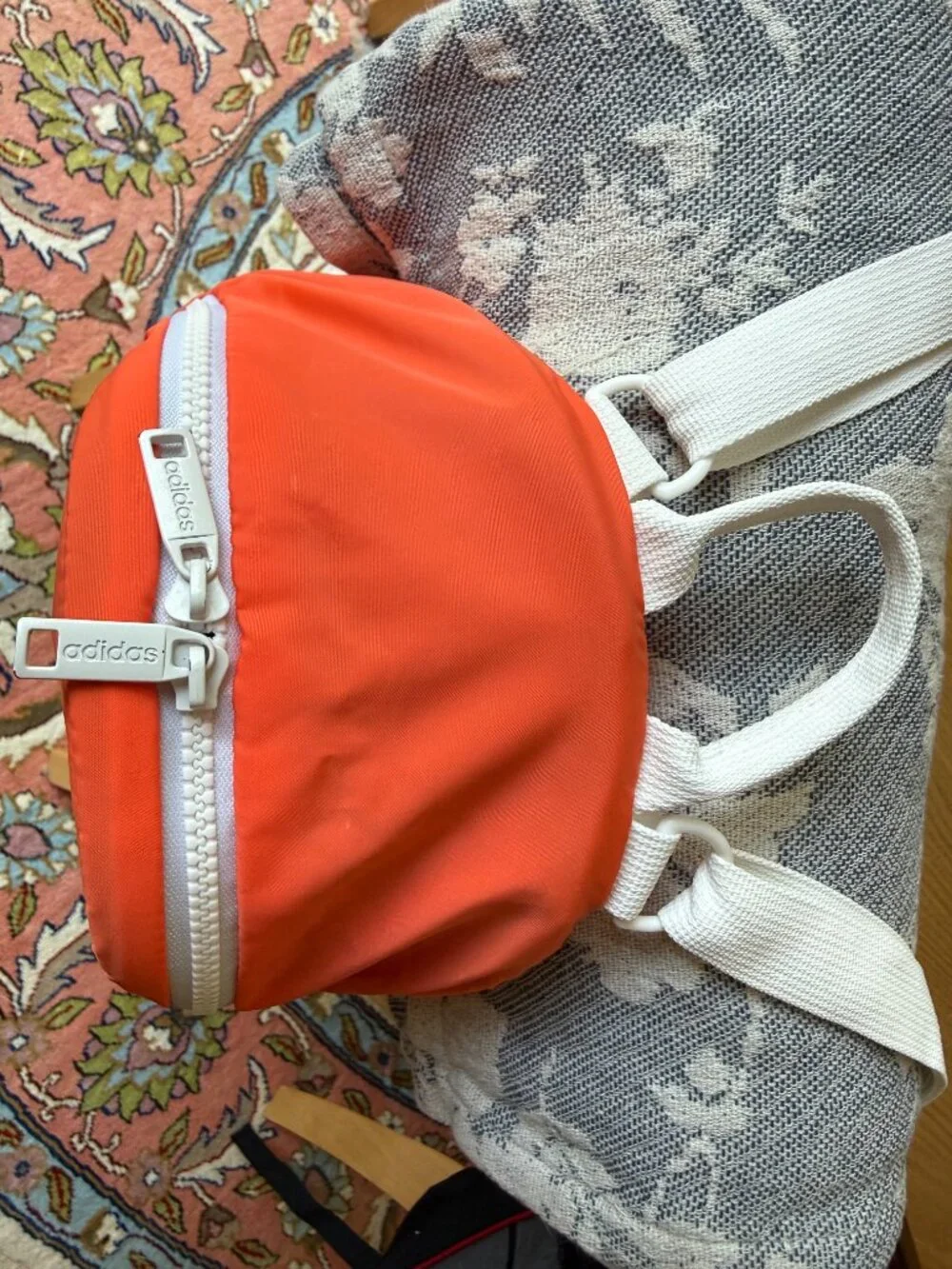 Adidas Bright Orange Quilted Mini Backpack with White Chunky Zippers